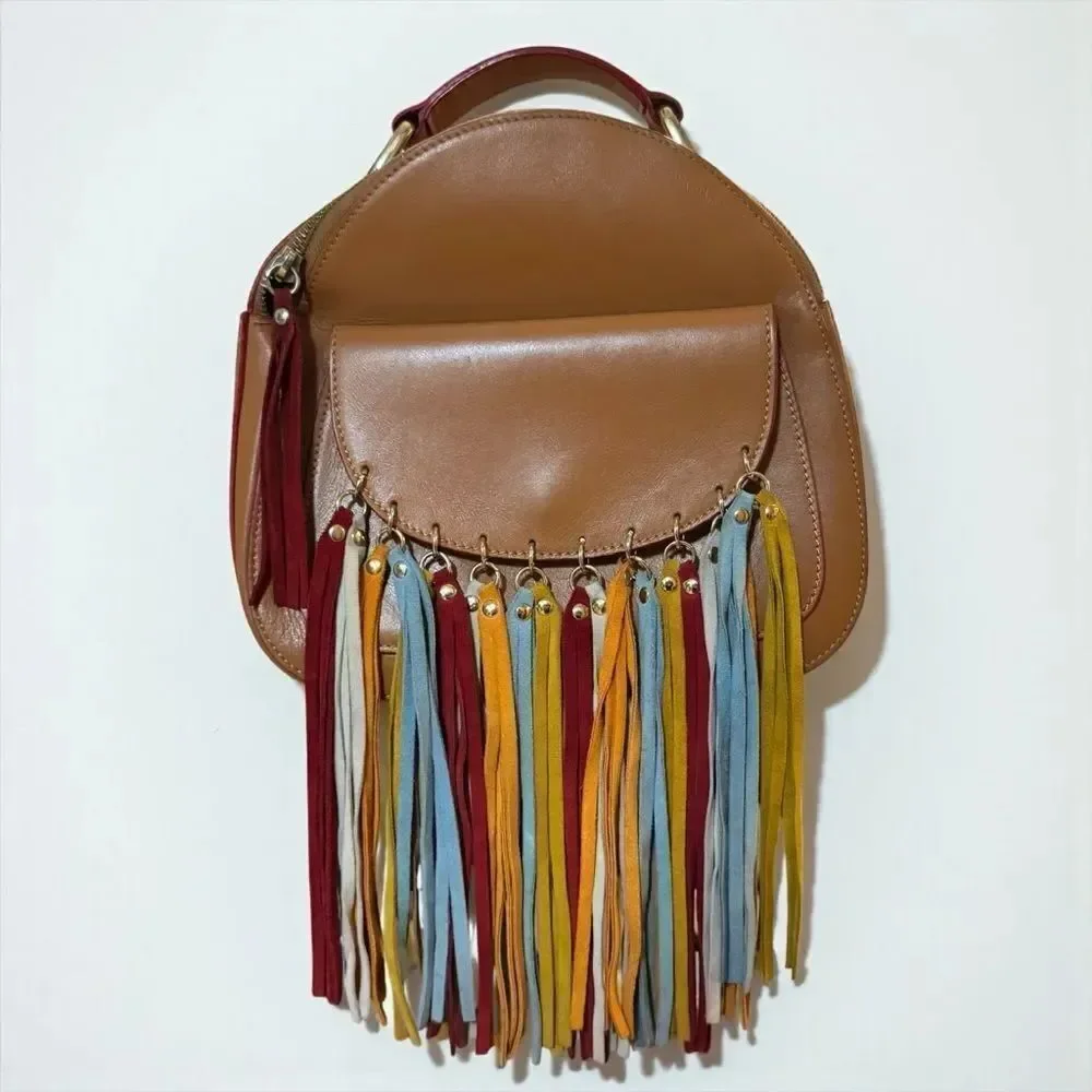 Vittoria Napoli Leather Fringed Mini Backpack Purse Italy